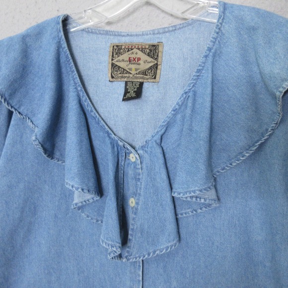 Vintage Express Top XS Ruffle Button Up Chambray Prairie Cottage Core Hong Kong - Picture 4 of 10